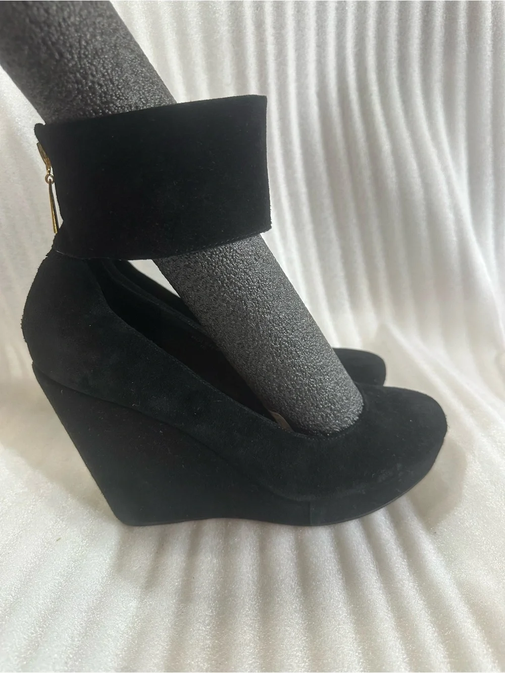 envy Black Suede Wedge Pumps with Fold-Over Ankle Cuff